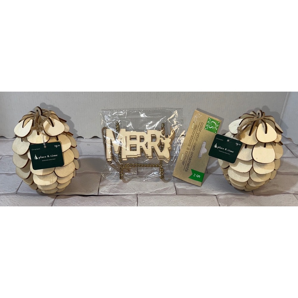 Place & Time Wooden Pinecone Ornaments & Crafter's Square Merry Reindeer DIY 7pc
